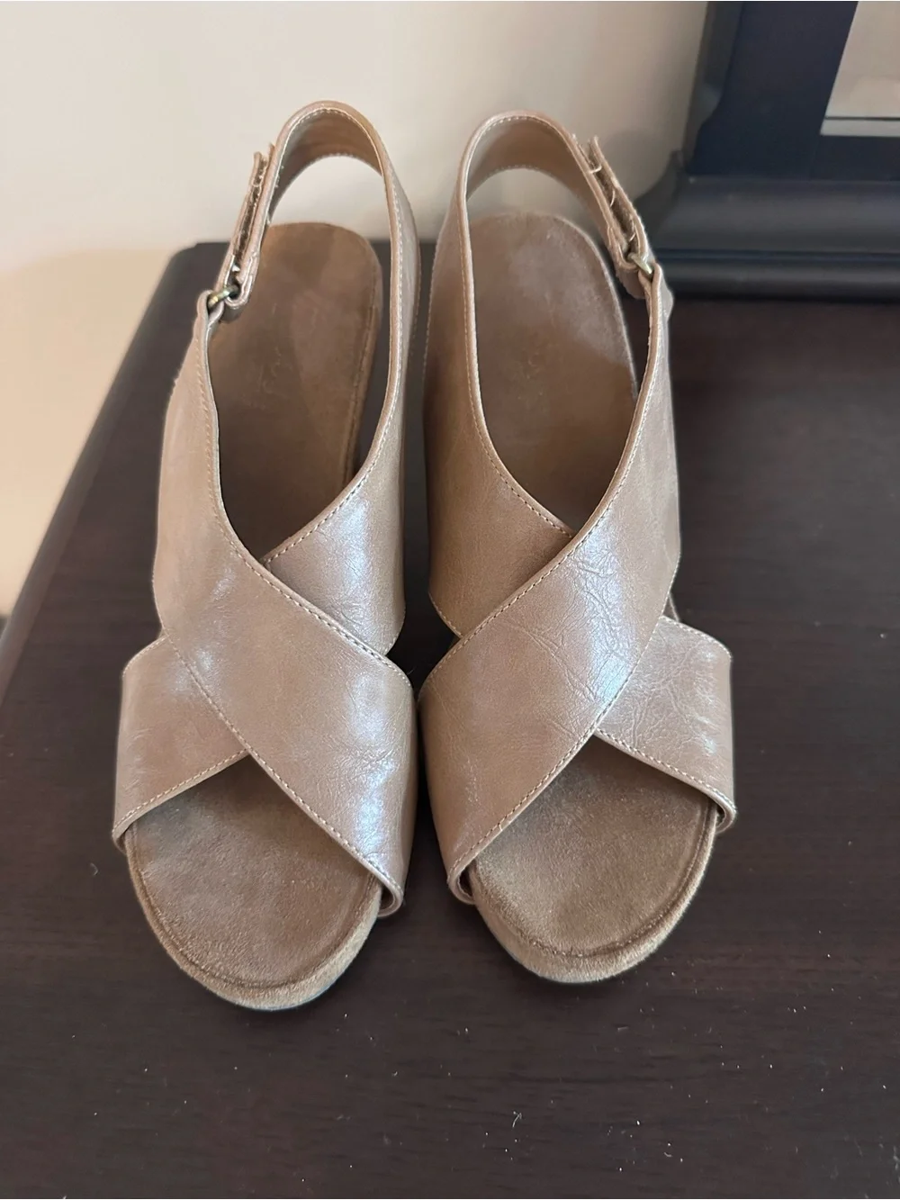 Taupe Crossband Wedge Sandals - Women